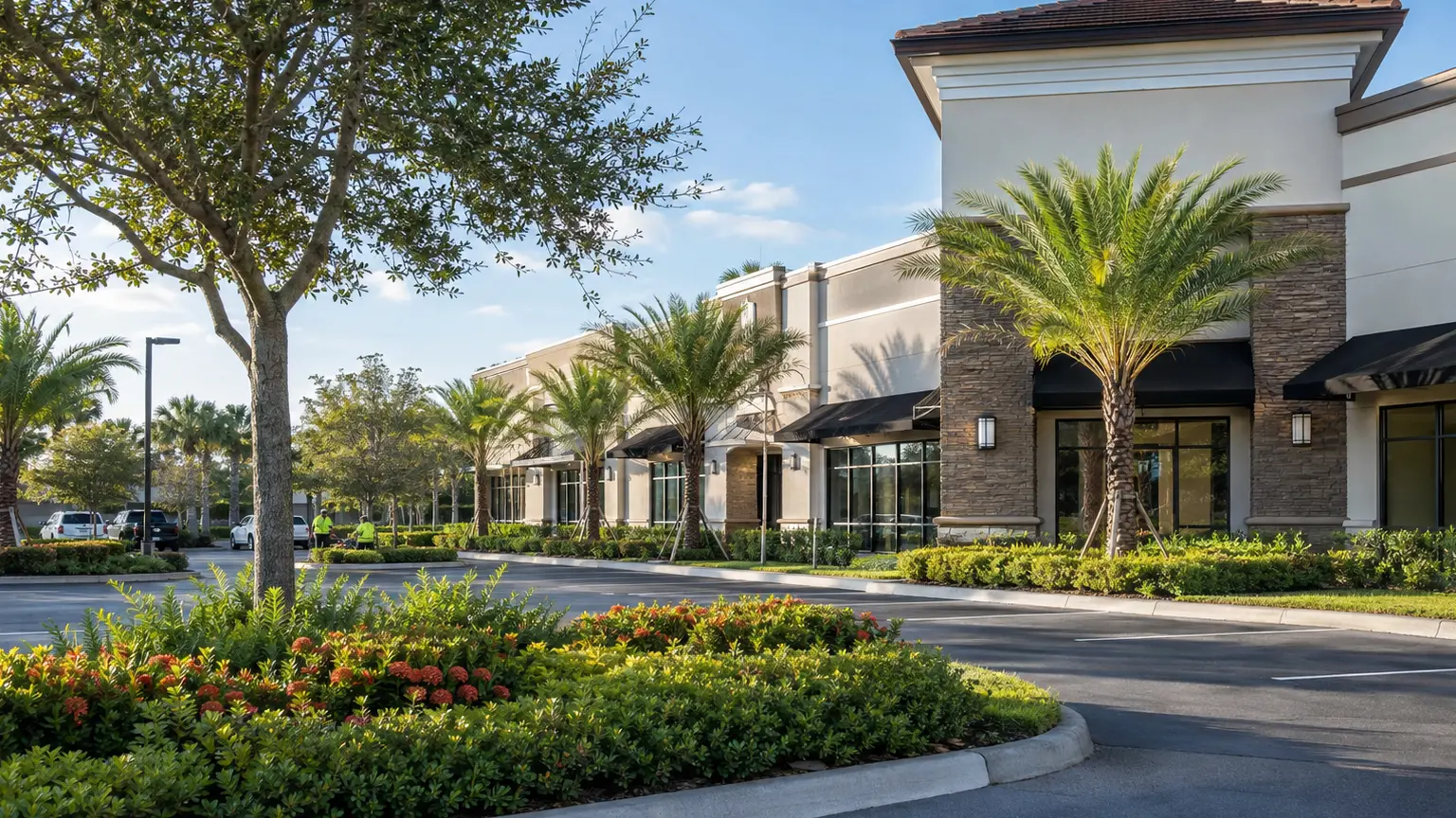Well-maintained lawns and ornamental palms framing a modern South Florida commercial property