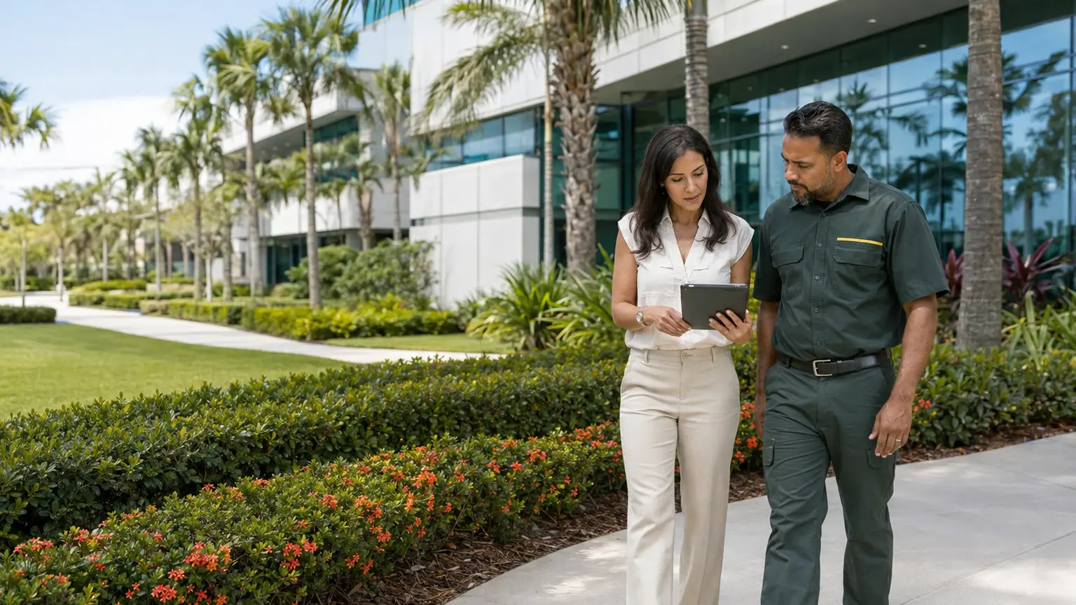 Clean-cut lawns and hedges lining a corporate office building parking area in South Florida