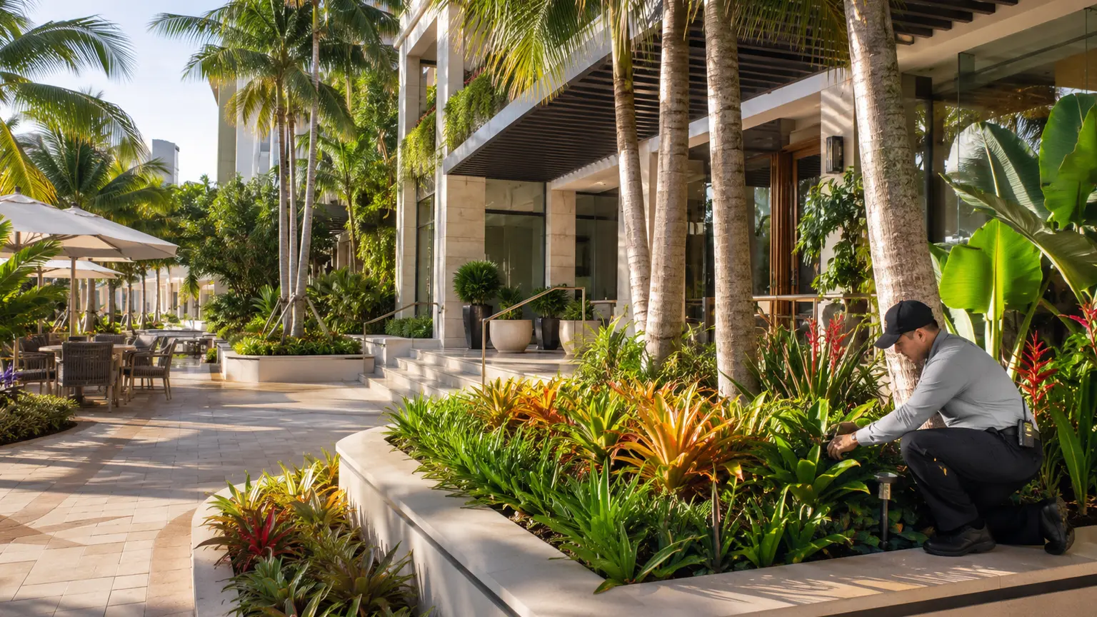 Vibrant tropical plantings at a retail shopping center entrance in South Florida