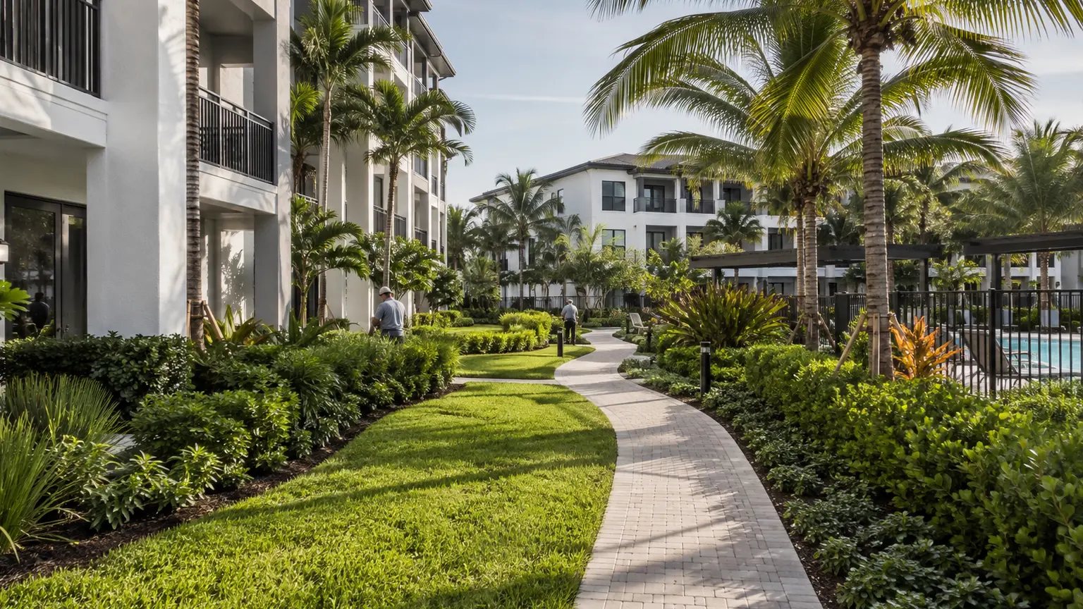 Professional garden landscaping surrounding a multifamily apartment complex building in South Florida