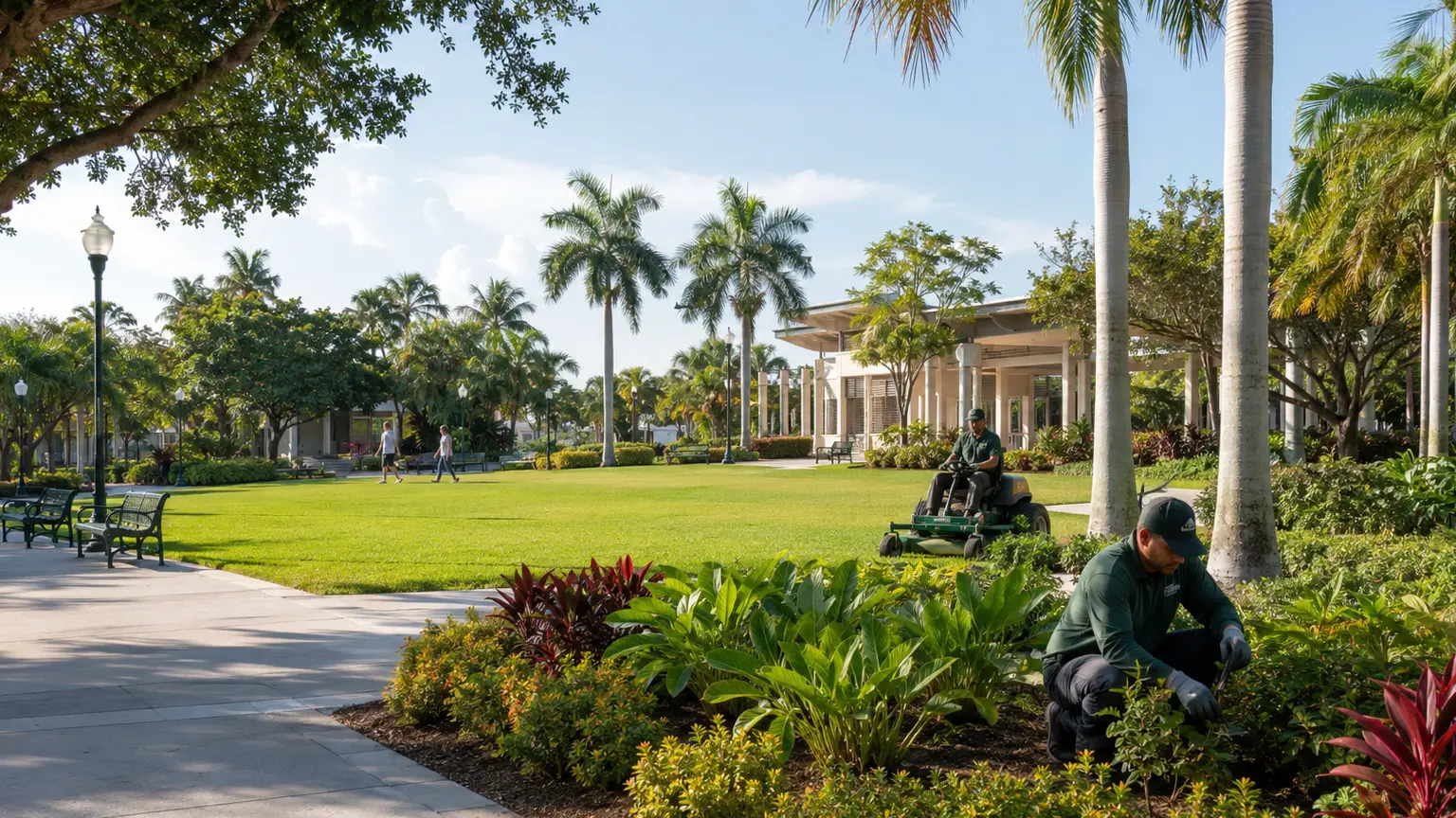 Manicured public park turf with palms and walkways under a clear blue sky in South Florida