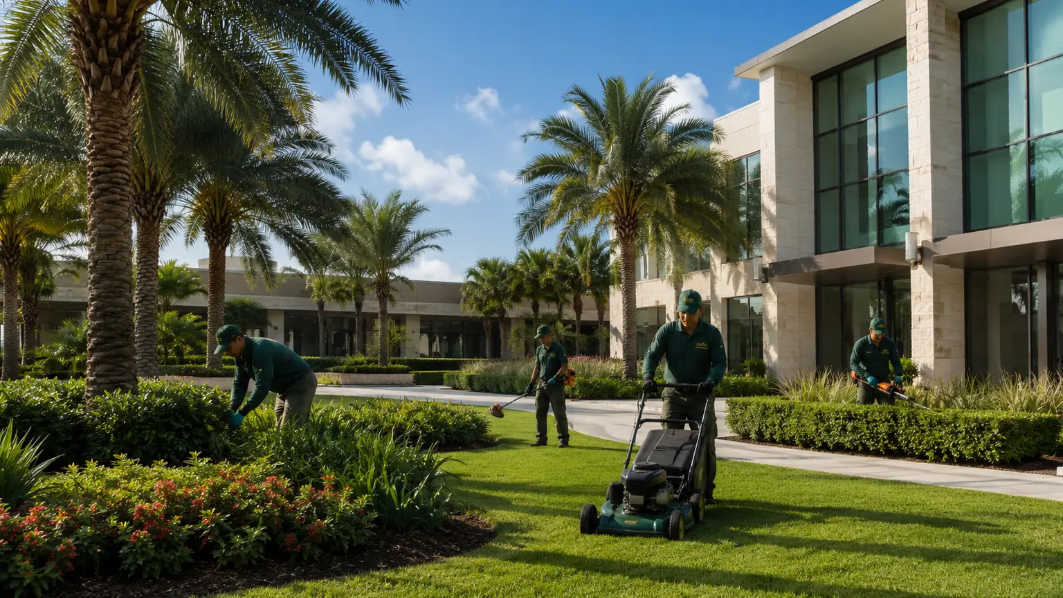 Pristine commercial property lawns and palm trees under bright South Florida sun