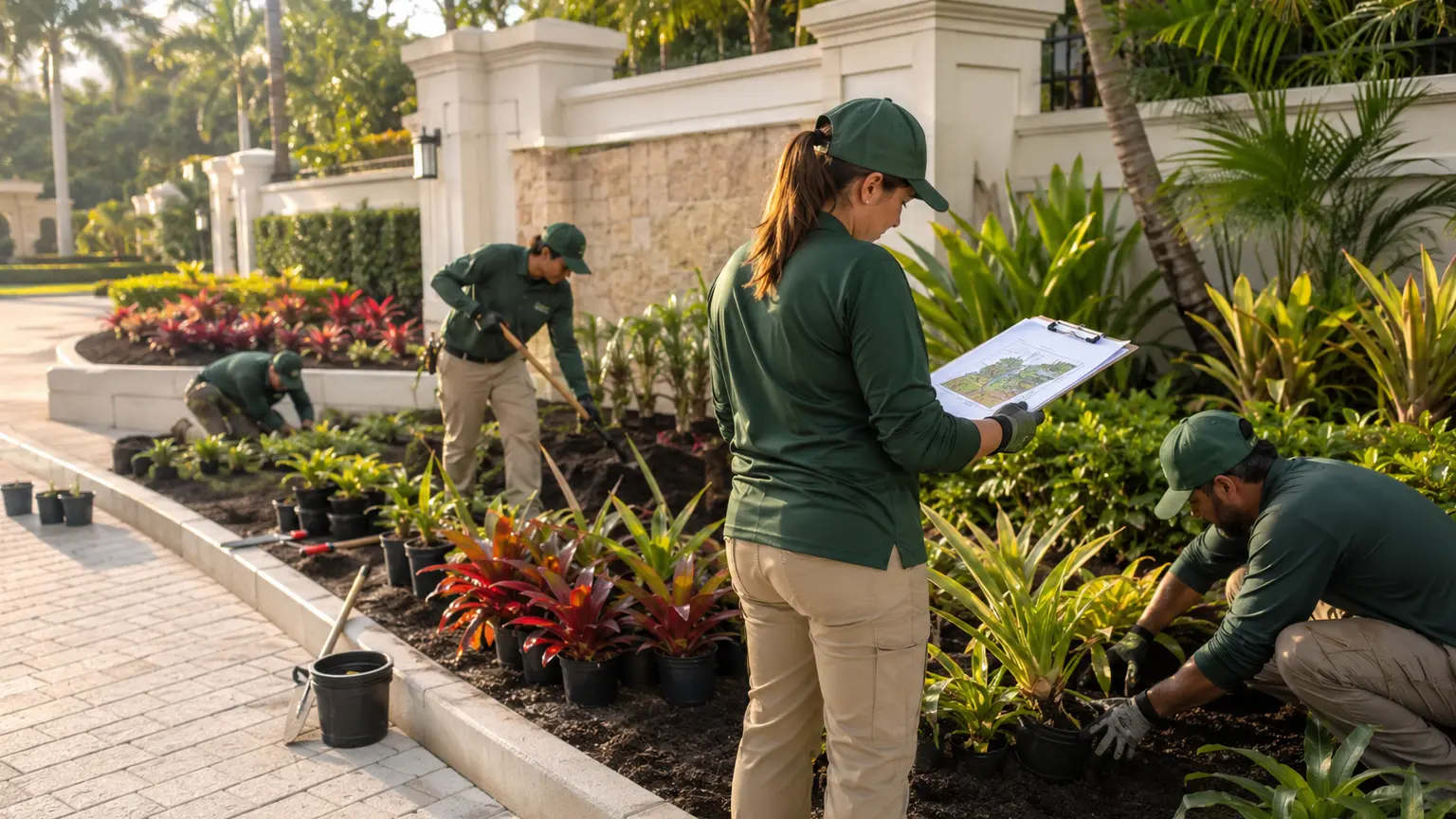Newly installed tropical landscaping with clean mulch and fresh plantings at a South Florida property