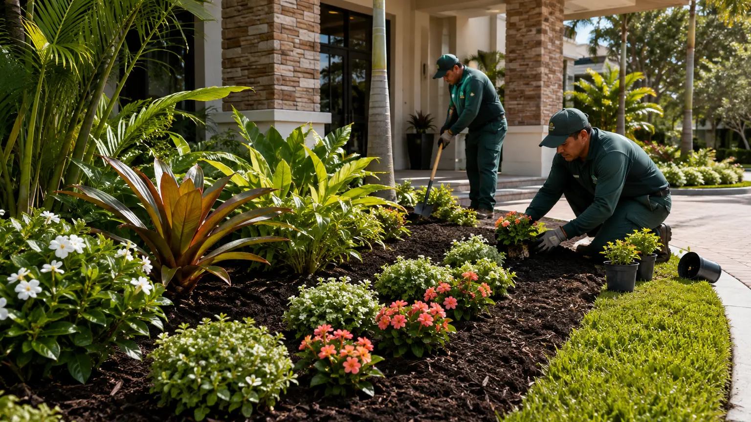 Fresh dark mulch and colorful annual flowers enhancing a garden bed