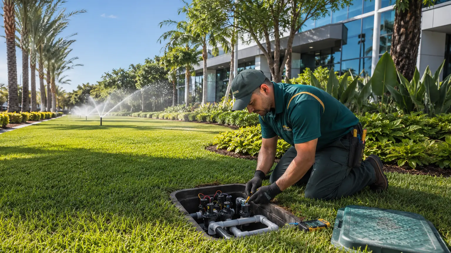 Close-up of a lawn irrigation sprinkler head watering green grass on a sunny day
