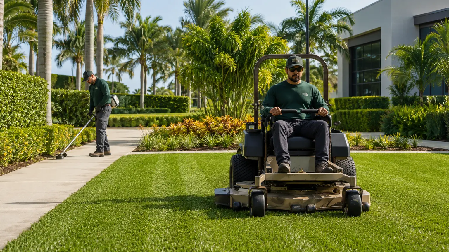Professional landscape maintenance crew caring for tropical foliage on a commercial property