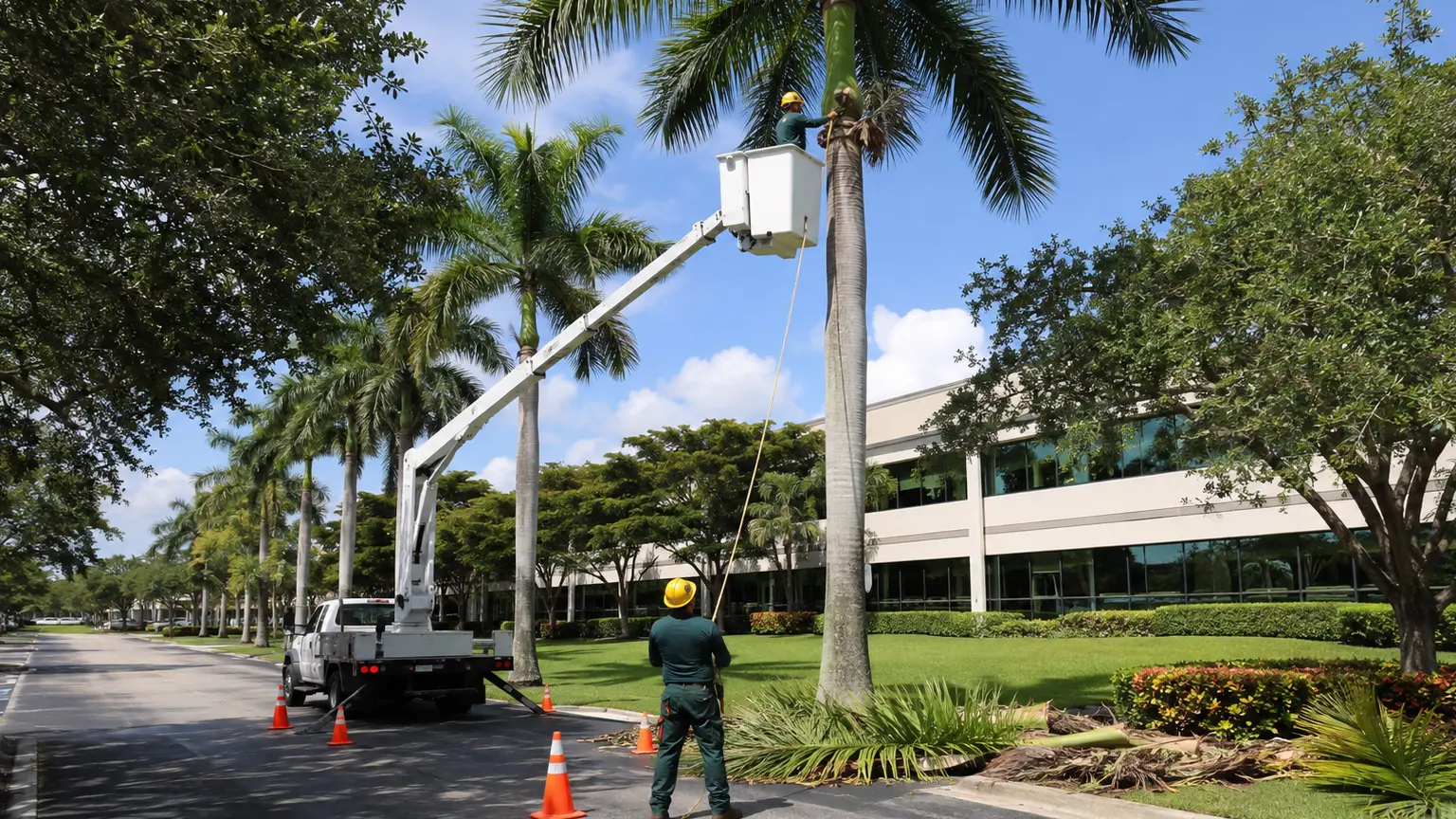 Lush green palm trees pruned and trimmed on a South Florida property